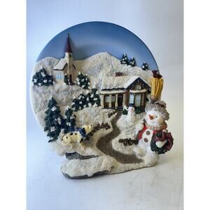 Christmas Snowmen and Village Round Plate Tabletop Scene